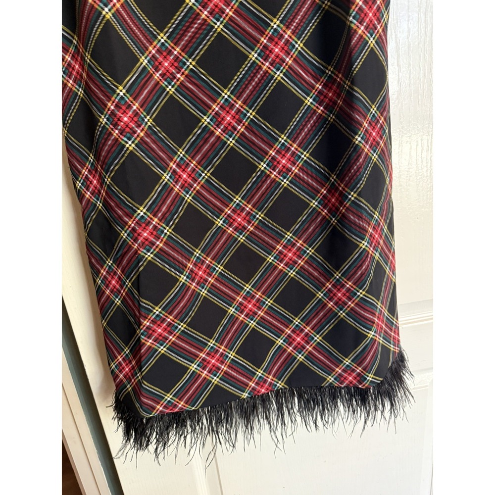 J Crew Sheath Dress Tartan Plaid Feather Trim Holiday Black Red Green Sz 10 - Picture 6 of 7